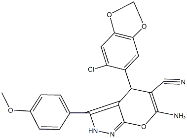6-amino-4-(6-chloro-1,3-benzodioxol-5-yl)-3-(4-methoxyphenyl)-2,4-dihydropyrano[2,3-c]pyrazole-5-carbonitrile 구조식 이미지