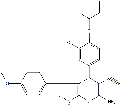 6-amino-4-[4-(cyclopentyloxy)-3-methoxyphenyl]-3-(4-methoxyphenyl)-1,4-dihydropyrano[2,3-c]pyrazole-5-carbonitrile 구조식 이미지