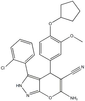 6-amino-3-(2-chlorophenyl)-4-[4-(cyclopentyloxy)-3-methoxyphenyl]-2,4-dihydropyrano[2,3-c]pyrazole-5-carbonitrile Structure