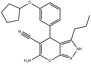 6-amino-4-[3-(cyclopentyloxy)phenyl]-3-propyl-2,4-dihydropyrano[2,3-c]pyrazole-5-carbonitrile 구조식 이미지