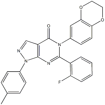 5-(2,3-dihydro-1,4-benzodioxin-6-yl)-6-(2-fluorophenyl)-1-(4-methylphenyl)-1,5-dihydro-4H-pyrazolo[3,4-d]pyrimidin-4-one 구조식 이미지