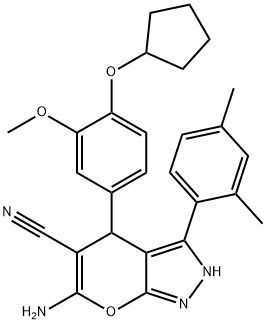 6-amino-4-[4-(cyclopentyloxy)-3-methoxyphenyl]-3-(2,4-dimethylphenyl)-2,4-dihydropyrano[2,3-c]pyrazole-5-carbonitrile Structure