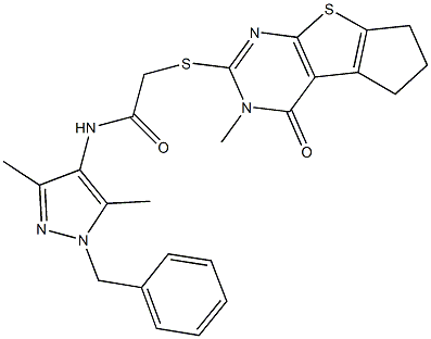 N-(1-benzyl-3,5-dimethyl-1H-pyrazol-4-yl)-2-[(3-methyl-4-oxo-3,5,6,7-tetrahydro-4H-cyclopenta[4,5]thieno[2,3-d]pyrimidin-2-yl)sulfanyl]acetamide 구조식 이미지