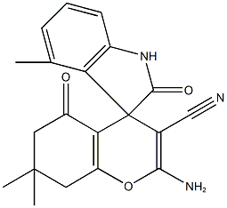 2-amino-4',7,7-trimethyl-2',5-dioxo-1',3',5,6,7,8-hexahydro-[4H-chromene-4,3'-(2'H)-indole]-3-carbonitrile 구조식 이미지