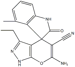 6'-amino-3'-ethyl-4-methyl-2-oxo-1,1',3,4'-tetrahydrospiro(2H-indole-3,4'-pyrano[2,3-c]pyrazole)-5'-carbonitrile Structure