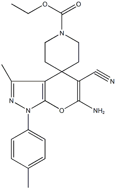 ethyl 6'-amino-5'-cyano-3'-methyl-1'-(4-methylphenyl)-1',4'-dihydrospiro(piperidine-4,4'-pyrano[2,3-c]pyrazole)-1-carboxylate 구조식 이미지