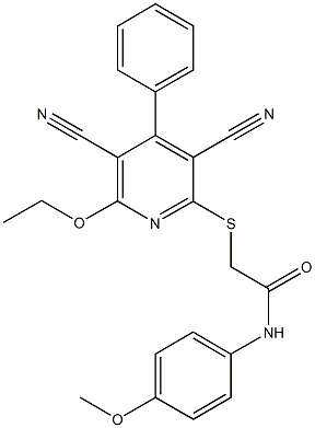 2-[(3,5-dicyano-6-ethoxy-4-phenyl-2-pyridinyl)sulfanyl]-N-(4-methoxyphenyl)acetamide 구조식 이미지