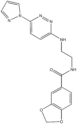 N-(2-{[6-(1H-pyrazol-1-yl)-3-pyridazinyl]amino}ethyl)-1,3-benzodioxole-5-carboxamide 구조식 이미지