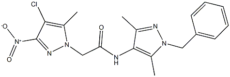 N-(1-benzyl-3,5-dimethyl-1H-pyrazol-4-yl)-2-{4-chloro-3-nitro-5-methyl-1H-pyrazol-1-yl}acetamide 구조식 이미지