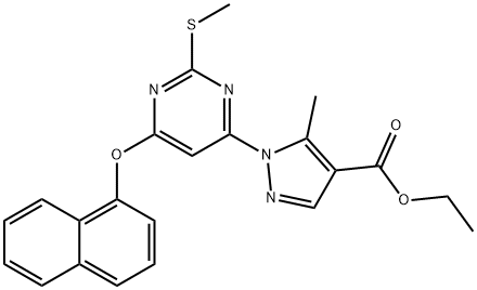 ethyl 5-methyl-1-[2-(methylsulfanyl)-6-(1-naphthyloxy)-4-pyrimidinyl]-1H-pyrazole-4-carboxylate Structure