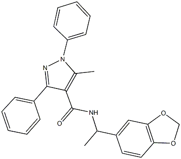 N-[1-(1,3-benzodioxol-5-yl)ethyl]-5-methyl-1,3-diphenyl-1H-pyrazole-4-carboxamide 구조식 이미지