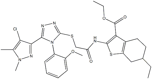 ethyl 2-[({[5-(4-chloro-1,5-dimethyl-1H-pyrazol-3-yl)-4-(2-methoxyphenyl)-4H-1,2,4-triazol-3-yl]sulfanyl}acetyl)amino]-6-ethyl-4,5,6,7-tetrahydro-1-benzothiophene-3-carboxylate Structure