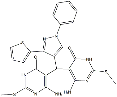 6-amino-5-{[4-amino-2-(methylsulfanyl)-6-oxo-1,6-dihydro-5-pyrimidinyl][1-phenyl-3-(2-thienyl)-1H-pyrazol-4-yl]methyl}-2-(methylsulfanyl)-4(3H)-pyrimidinone 구조식 이미지