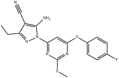 5-amino-3-ethyl-1-[6-(4-fluorophenoxy)-2-(methylsulfanyl)-4-pyrimidinyl]-1H-pyrazole-4-carbonitrile 구조식 이미지