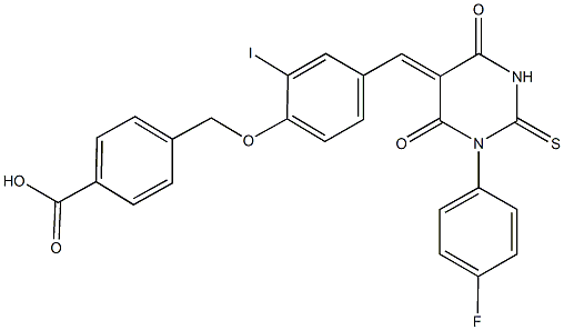 4-({4-[(1-(4-fluorophenyl)-4,6-dioxo-2-thioxotetrahydro-5(2H)-pyrimidinylidene)methyl]-2-iodophenoxy}methyl)benzoic acid 구조식 이미지