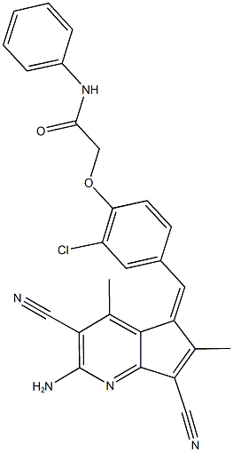 2-{4-[(2-amino-3,7-dicyano-4,6-dimethyl-5H-cyclopenta[b]pyridin-5-ylidene)methyl]-2-chlorophenoxy}-N-phenylacetamide 구조식 이미지
