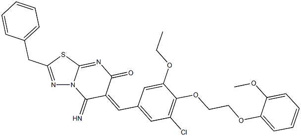 2-benzyl-6-{3-chloro-5-ethoxy-4-[2-(2-methoxyphenoxy)ethoxy]benzylidene}-5-imino-5,6-dihydro-7H-[1,3,4]thiadiazolo[3,2-a]pyrimidin-7-one 구조식 이미지