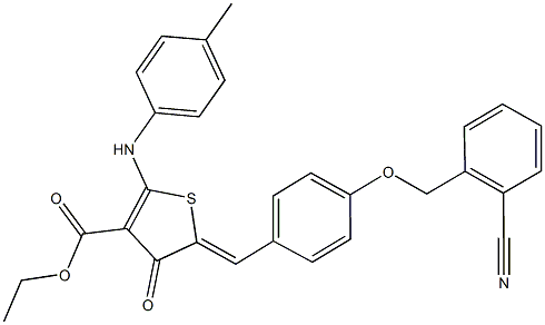 ethyl 5-{4-[(2-cyanobenzyl)oxy]benzylidene}-4-oxo-2-(4-toluidino)-4,5-dihydro-3-thiophenecarboxylate 구조식 이미지