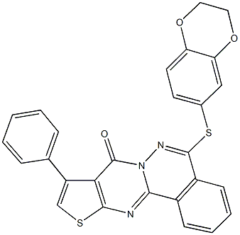 5-(2,3-dihydro-1,4-benzodioxin-6-ylsulfanyl)-9-phenyl-8H-thieno[2',3':4,5]pyrimido[2,1-a]phthalazin-8-one 구조식 이미지