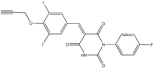 5-[3,5-diiodo-4-(2-propynyloxy)benzylidene]-1-(4-fluorophenyl)-2,4,6(1H,3H,5H)-pyrimidinetrione Structure