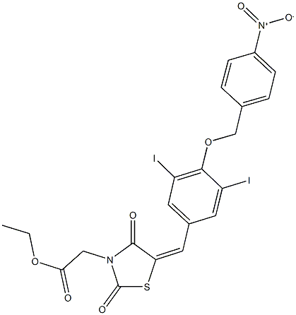 ethyl {5-[4-({4-nitrobenzyl}oxy)-3,5-diiodobenzylidene]-2,4-dioxo-1,3-thiazolidin-3-yl}acetate Structure