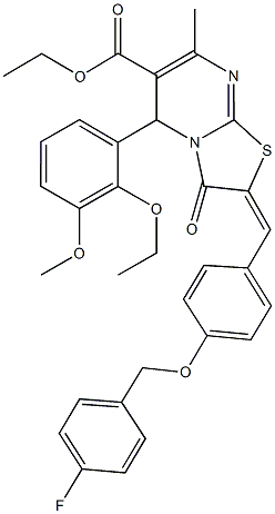 ethyl 5-(2-ethoxy-3-methoxyphenyl)-2-{4-[(4-fluorobenzyl)oxy]benzylidene}-7-methyl-3-oxo-2,3-dihydro-5H-[1,3]thiazolo[3,2-a]pyrimidine-6-carboxylate 구조식 이미지