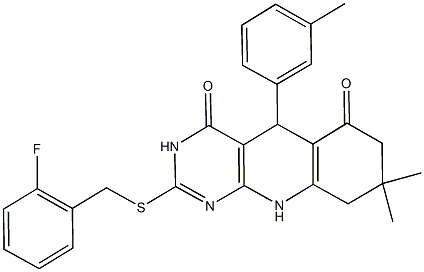 2-[(2-fluorobenzyl)sulfanyl]-8,8-dimethyl-5-(3-methylphenyl)-5,8,9,10-tetrahydropyrimido[4,5-b]quinoline-4,6(3H,7H)-dione Structure