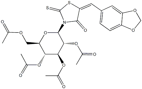 3,5-bis(acetyloxy)-2-[(acetyloxy)methyl]-6-[5-(1,3-benzodioxol-5-ylmethylene)-4-oxo-2-thioxo-1,3-thiazolidin-3-yl]tetrahydro-2H-pyran-4-yl acetate Structure