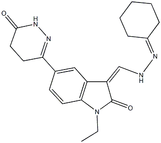 3-[(2-cyclohexylidenehydrazino)methylene]-1-ethyl-5-(6-oxo-1,4,5,6-tetrahydro-3-pyridazinyl)-1,3-dihydro-2H-indol-2-one Structure