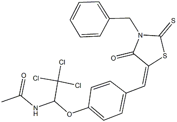 N-(1-{4-[(3-benzyl-4-oxo-2-thioxo-1,3-thiazolidin-5-ylidene)methyl]phenoxy}-2,2,2-trichloroethyl)acetamide 구조식 이미지