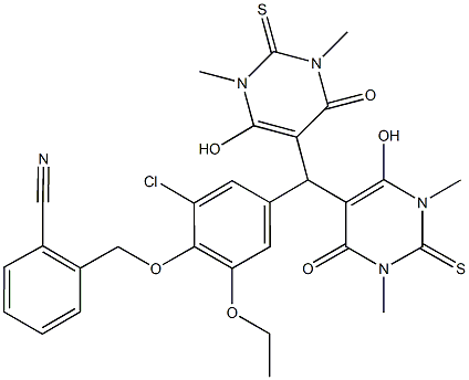 2-({4-[bis(6-hydroxy-1,3-dimethyl-4-oxo-2-thioxo-1,2,3,4-tetrahydro-5-pyrimidinyl)methyl]-2-chloro-6-ethoxyphenoxy}methyl)benzonitrile Structure