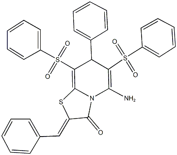 5-amino-2-benzylidene-7-phenyl-6,8-bis(phenylsulfonyl)-7H-[1,3]thiazolo[3,2-a]pyridin-3(2H)-one Structure