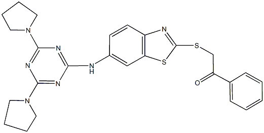 2-[(6-{[4,6-di(1-pyrrolidinyl)-1,3,5-triazin-2-yl]amino}-1,3-benzothiazol-2-yl)sulfanyl]-1-phenylethanone 구조식 이미지