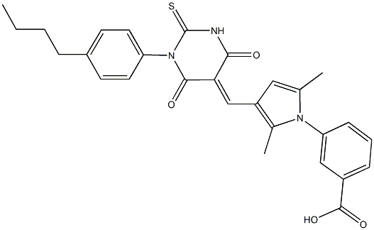 3-{3-[(1-(4-butylphenyl)-4,6-dioxo-2-thioxotetrahydro-5(2H)-pyrimidinylidene)methyl]-2,5-dimethyl-1H-pyrrol-1-yl}benzoic acid 구조식 이미지