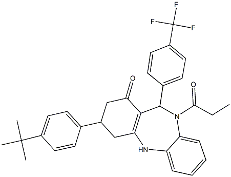 3-(4-tert-butylphenyl)-10-propionyl-11-[4-(trifluoromethyl)phenyl]-2,3,4,5,10,11-hexahydro-1H-dibenzo[b,e][1,4]diazepin-1-one 구조식 이미지