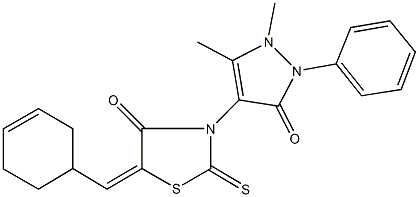 5-(3-cyclohexen-1-ylmethylene)-3-(1,5-dimethyl-3-oxo-2-phenyl-2,3-dihydro-1H-pyrazol-4-yl)-2-thioxo-1,3-thiazolidin-4-one Structure