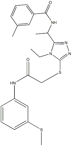 N-{1-[4-ethyl-5-({2-[3-(methylthio)anilino]-2-oxoethyl}thio)-4H-1,2,4-triazol-3-yl]ethyl}-3-methylbenzamide 구조식 이미지