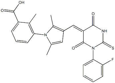 3-{3-[(1-(2-fluorophenyl)-4,6-dioxo-2-thioxotetrahydro-5(2H)-pyrimidinylidene)methyl]-2,5-dimethyl-1H-pyrrol-1-yl}-2-methylbenzoic acid 구조식 이미지