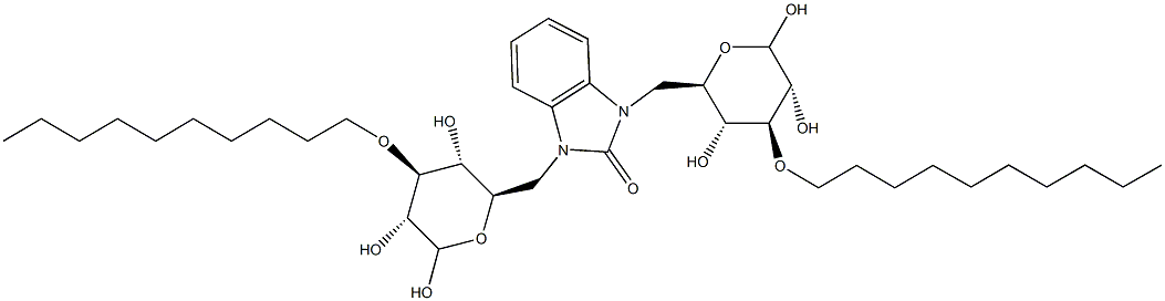 1,3-bis{[4-(decyloxy)-3,5,6-trihydroxytetrahydro-2H-pyran-2-yl]methyl}-1,3-dihydro-2H-benzimidazol-2-one 구조식 이미지