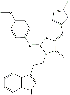 3-[2-(1H-indol-3-yl)ethyl]-2-[(4-methoxyphenyl)imino]-5-[(5-methyl-2-furyl)methylene]-1,3-thiazolidin-4-one 구조식 이미지