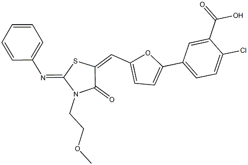 2-chloro-5-(5-{[3-(2-methoxyethyl)-4-oxo-2-(phenylimino)-1,3-thiazolidin-5-ylidene]methyl}-2-furyl)benzoic acid Structure