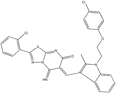 6-({1-[2-(4-chlorophenoxy)ethyl]-2-methyl-1H-indol-3-yl}methylene)-2-(2-chlorophenyl)-5-imino-5,6-dihydro-7H-[1,3,4]thiadiazolo[3,2-a]pyrimidin-7-one Structure