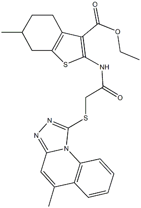 ethyl 6-methyl-2-({[(5-methyl[1,2,4]triazolo[4,3-a]quinolin-1-yl)sulfanyl]acetyl}amino)-4,5,6,7-tetrahydro-1-benzothiophene-3-carboxylate 구조식 이미지