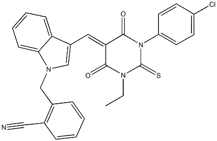 2-({3-[(1-(4-chlorophenyl)-3-ethyl-4,6-dioxo-2-thioxotetrahydropyrimidin-5(2H)-ylidene)methyl]-1H-indol-1-yl}methyl)benzonitrile 구조식 이미지