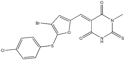 5-({4-bromo-5-[(4-chlorophenyl)sulfanyl]-2-furyl}methylene)-1-methyl-2-thioxodihydro-4,6(1H,5H)-pyrimidinedione 구조식 이미지