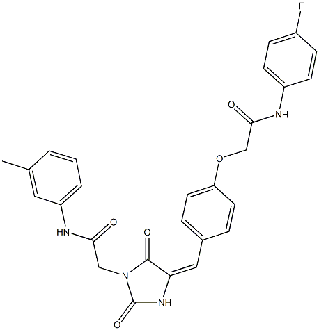2-[4-({2,5-dioxo-1-[2-oxo-2-(3-toluidino)ethyl]-4-imidazolidinylidene}methyl)phenoxy]-N-(4-fluorophenyl)acetamide 구조식 이미지