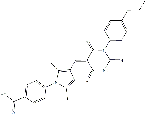 4-{3-[(1-(4-butylphenyl)-4,6-dioxo-2-thioxotetrahydro-5(2H)-pyrimidinylidene)methyl]-2,5-dimethyl-1H-pyrrol-1-yl}benzoic acid 구조식 이미지