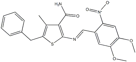 5-benzyl-2-({2-nitro-4,5-dimethoxybenzylidene}amino)-4-methyl-3-thiophenecarboxamide 구조식 이미지