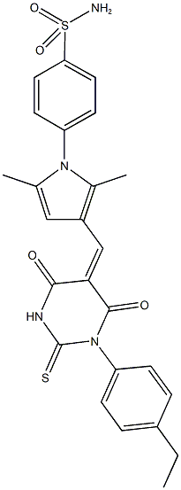 4-{3-[(1-(4-ethylphenyl)-4,6-dioxo-2-thioxotetrahydro-5(2H)-pyrimidinylidene)methyl]-2,5-dimethyl-1H-pyrrol-1-yl}benzenesulfonamide 구조식 이미지