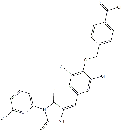 4-[(2,6-dichloro-4-{[1-(3-chlorophenyl)-2,5-dioxo-4-imidazolidinylidene]methyl}phenoxy)methyl]benzoic acid 구조식 이미지